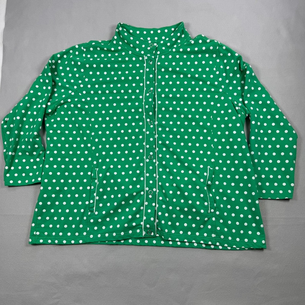 Quacker Factory Green Polka Dot Snap Front Sweatshirt Cardigan Womens 3X